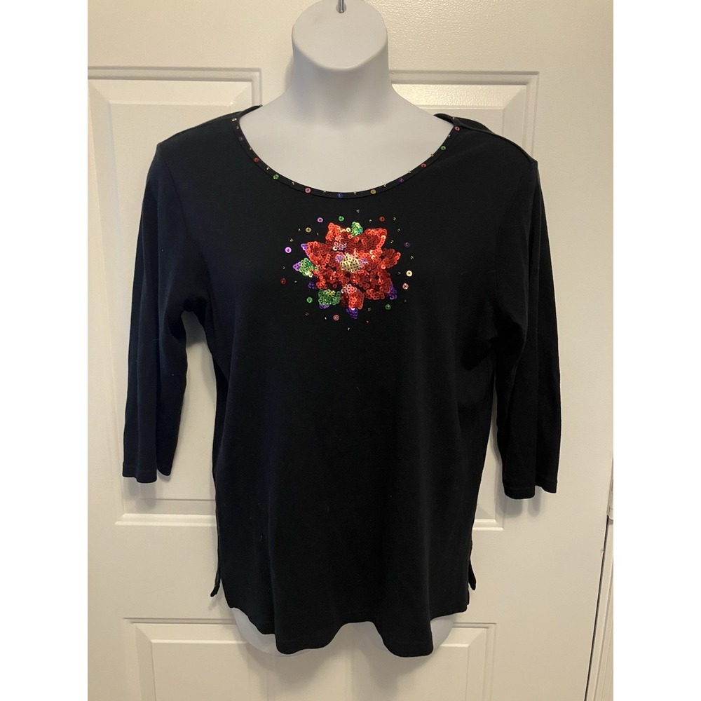 Quacker Factory Shirt Women's Sz  Large Black‎ 3/4 Sleeve Sequin Red Flower - Picture 2 of 6